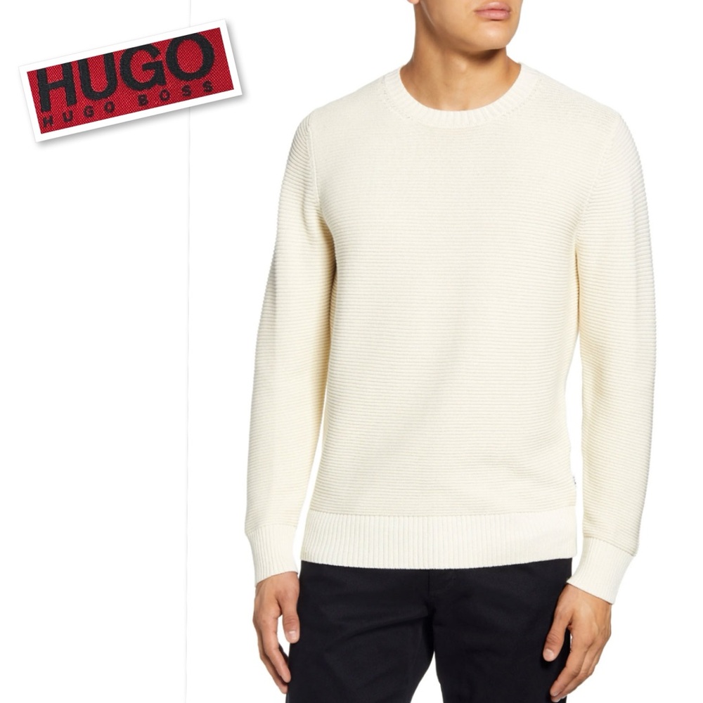 Hugo Hugo Boss Mens Sottor  Ribbed Knit Cotton Crewneck Sweater In Vanilla $165